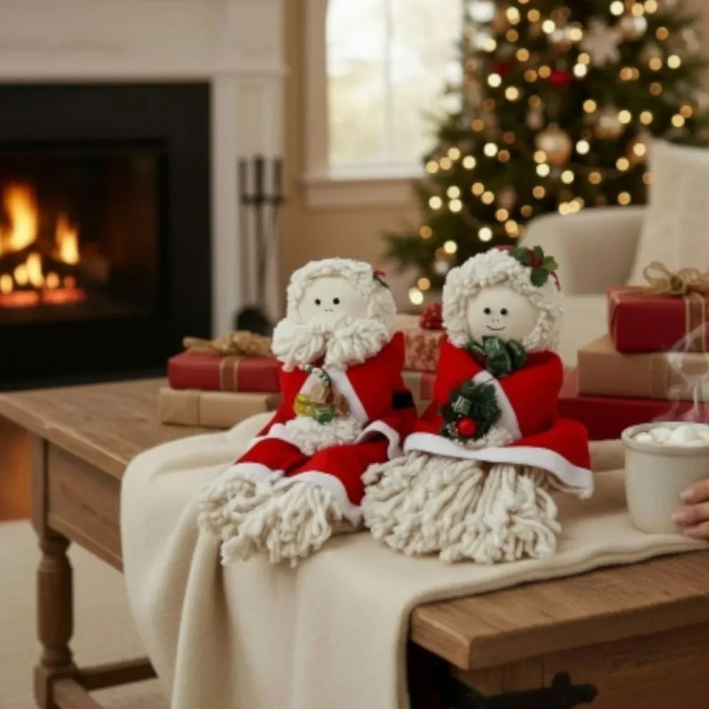 Large Vintage Handmade Christmas Yarn Santa Mrs. Claus Dolls Display Decoration